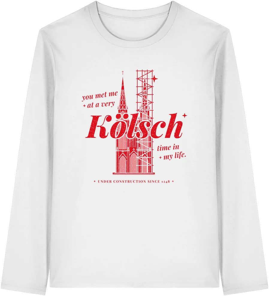 Weißes Longsleeve mit rotem Frontprint: Kölner Dom mit Gerüst und Spruch.